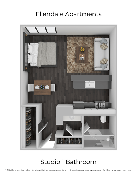 Floor plan for studio, 1 bath, 500 sqft